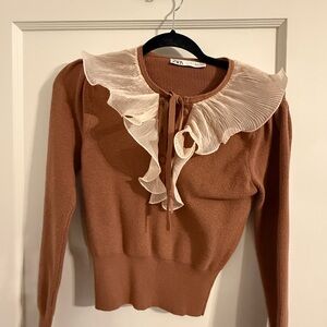 Brown Sweater with Cream Ruffle Detail
